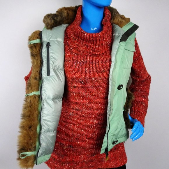 Solstice Green Insulated Vest Womens M 8 10 Faux Fur Trim Hooded Waterproof Ski - Picture 8 of 8